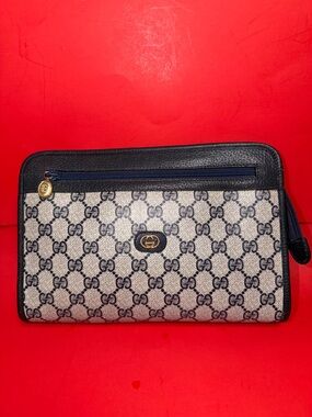 Gucci Beige/Blue GG Monogram Zip Pouch with Gold Hardware